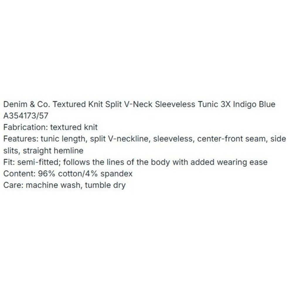 Denim & Co Indigo Blue Textured Knit Sleeveless Tunic Top 4X A35417 Split V-Neck - Picture 3 of 4